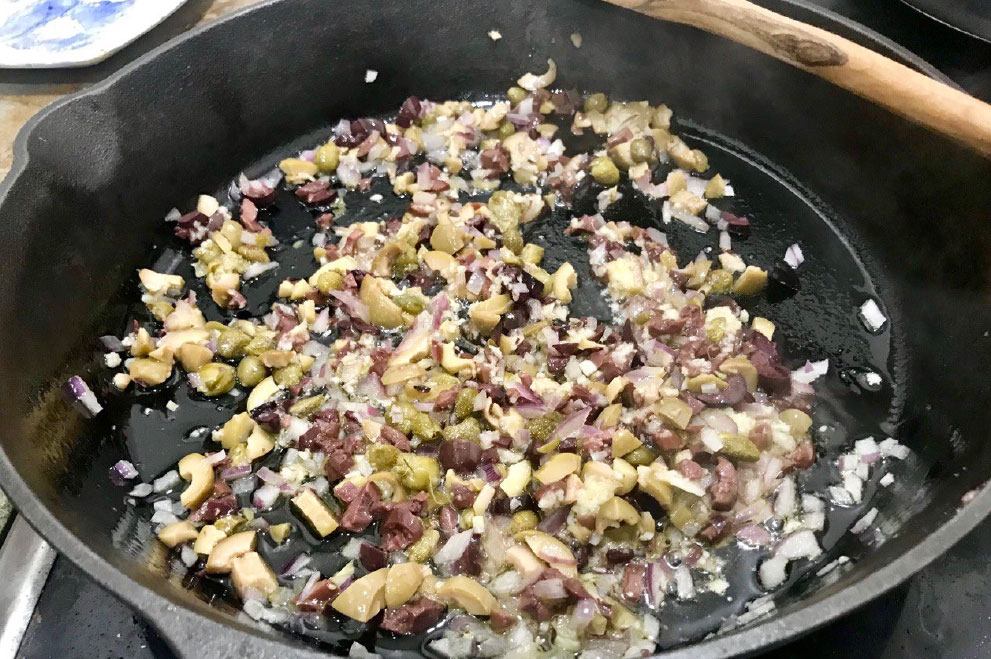 pasta-2 frying onions in a heavy pan