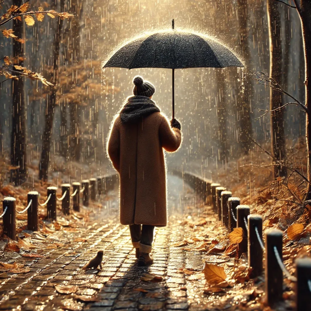 walking_in_rain image of an elderly woman walking in the rain carrying an umbrella being followed by a small squirrel