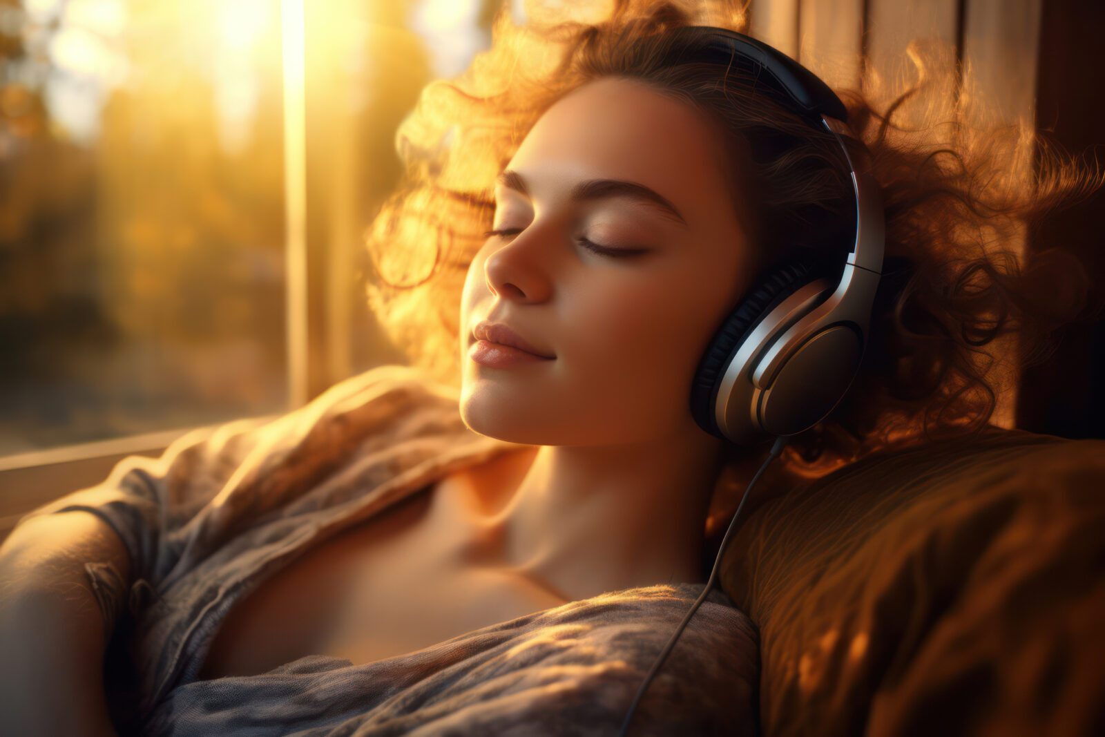Joyful Melodies: Blissful Young Woman in Headphones Listening to Music at Home with a Relaxed Smile
